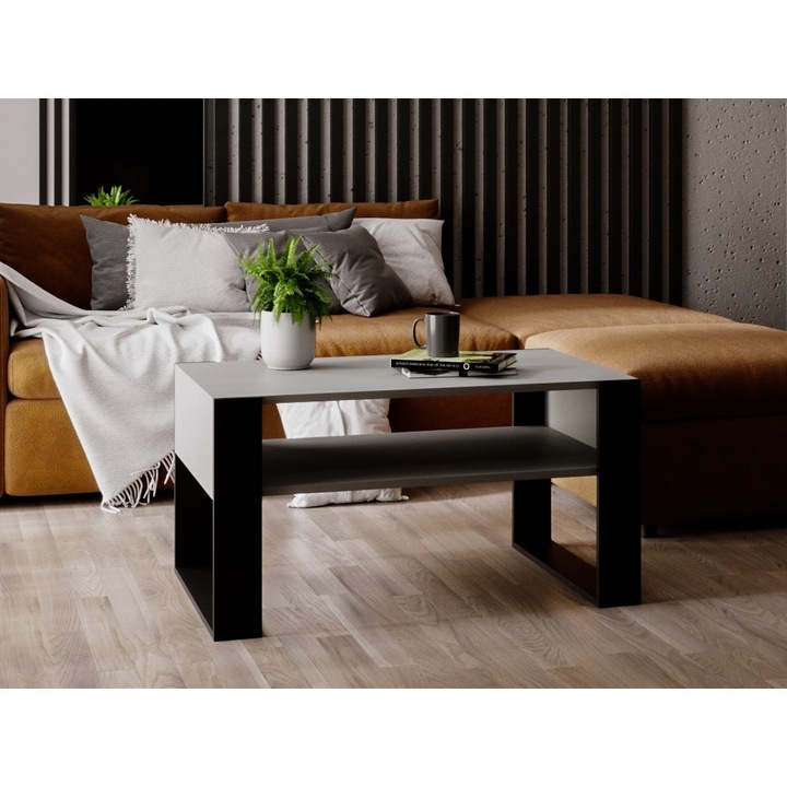 Masa de cafea MRBLS HOME Karo, 92x45x53,6 cm. Design modern, finisaj Gri mat si Negru mat. Ideala pentru living, oferind un spatiu de depozitare practic. O piesa de mobilier eleganta si minimalista, perfecta pentru un interior contemporan