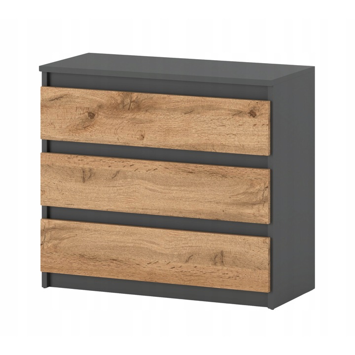 Comoda moderna MRBLS Home, 3 sertare spatioase, design minimalist fara manere, culoare Stejar Wotan gri. Solutie depozitare versatila pentru dormitor, living, hol, birou, baie. Fabricata din PAL 16mm, ghidaje pe rulmenti, dimensiuni 80x71.5