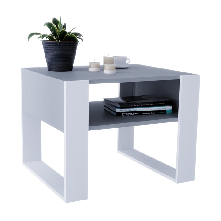 Masa de cafea MRBLS HOME Karo, stil scandinav modern cu raft depozitare integrat, picioare stabile, culori gri mat si alb mat, ideala pentru living birou, dimensiuni 65x45x53.6 cm, montaj rapid si intretinere usoara