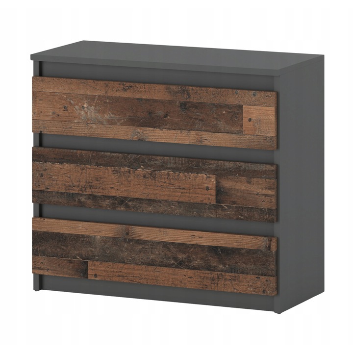 Comoda Dormitor 3 Sertare, Stil Modern Vintage Industrial, Gri Mat Antracit, 80x71.5x33.5 cm, Mobila Placa Laminata Rezistenta, Design Elegant Fara Maner, Asamblare Usoara, Fabricata UE