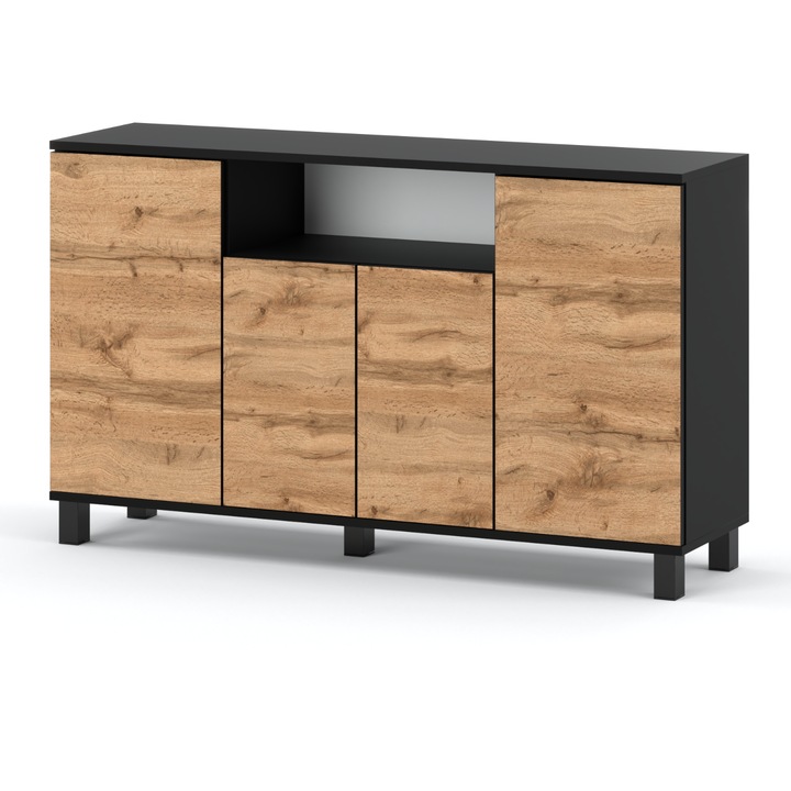 Comoda scandinava, negru mat, stejar Wotan, din lemn 140x80x35 design minimalist pentru living dormitor sau hol, MobilierHaus