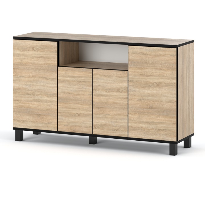 Comoda moderna MRBLS_HOME cu 4 usi si 9 rafturi, design elegant alb/negru, dimensiuni generoase 140x80x35cm, ideala pentru living, dormitor sau birou, solutie practica de depozitare, stil scandinav minimalist si functional