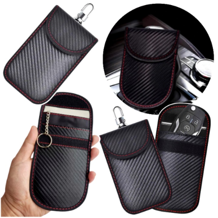 Lopásgátló kulcs nélküli autókulcs tok, szénfekete, piros, 10x6cm