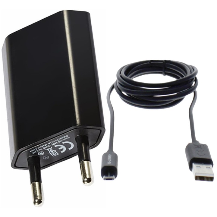 Incarcator de perete, Incarcator priza, adaptor de alimentare USB cu cablu incarcare micro USB inclus, 5V, 1000 mA, Negru