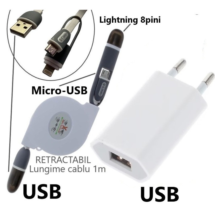 Incarcator compatibil cu iPhone 14/13/12/11/Pro/Pro Max/iPad/AirPods, cablu de date Lightning, 5V, 1000 mA, Alb