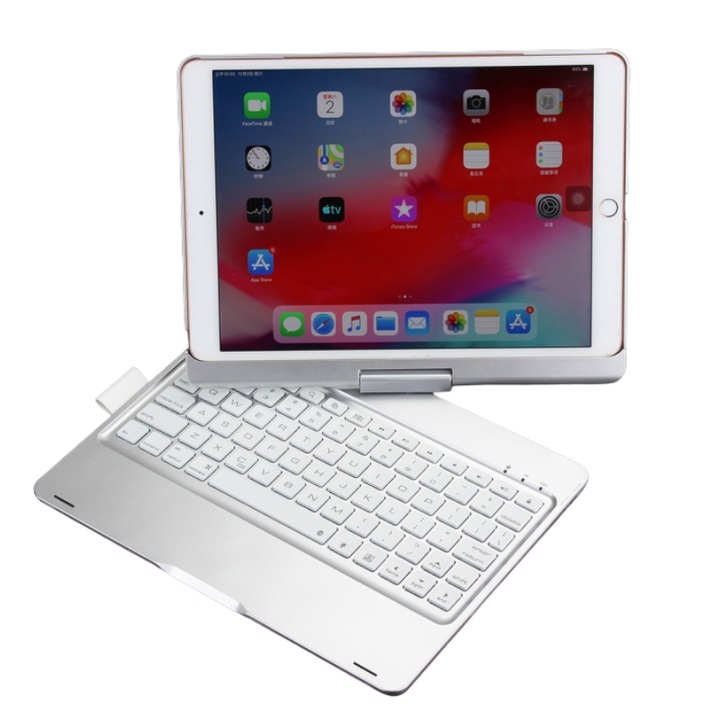 Кожен калъф с клавиатура, съвместим с iPad, с цветна подсветка и Bluetooth клавиатура, съвместима с iPad 102, отделение за писалка, въртяща се, сребриста