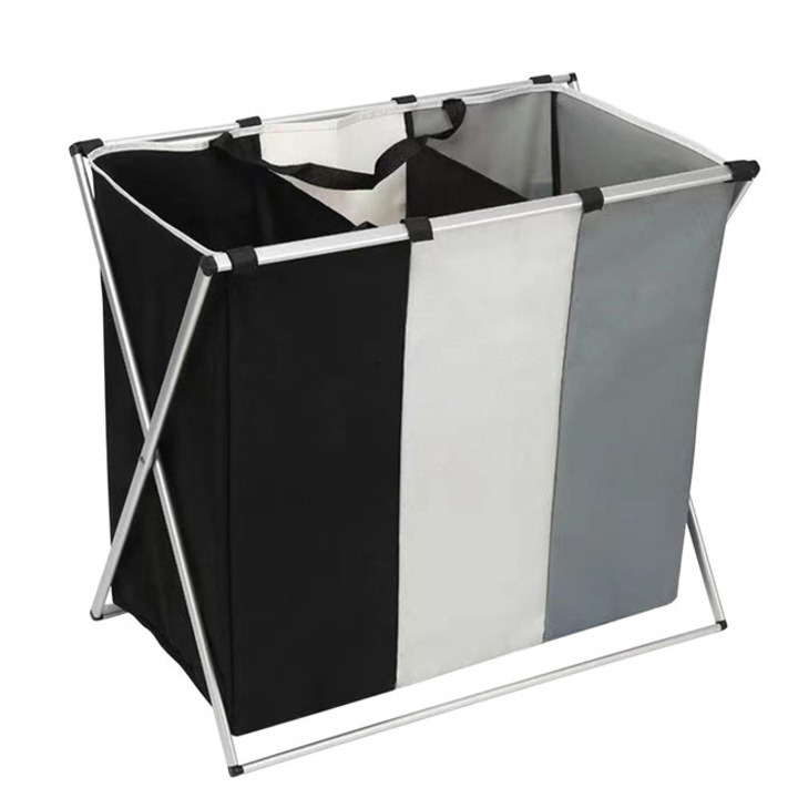 Cos textil pentru rufe, TV PRODUCTS, trei compartimente, alb/gri/negru, 66x60x39cm, 118l