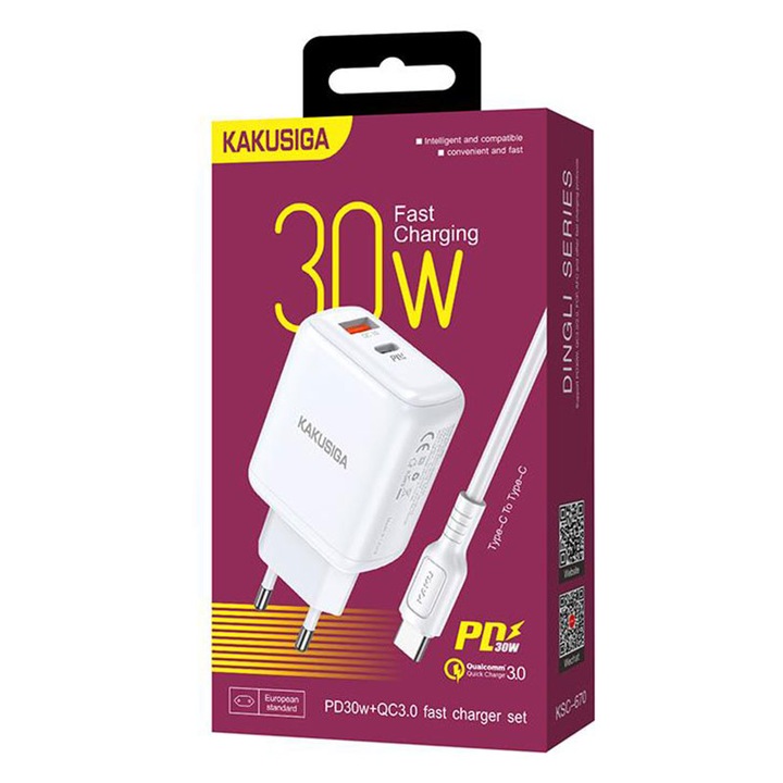 Incarcator Kaku (KSC-670) Retea + Cablu USB-C, 30W, 1xUSB-C, 1xUSB-A, PD, QC 3.0, White