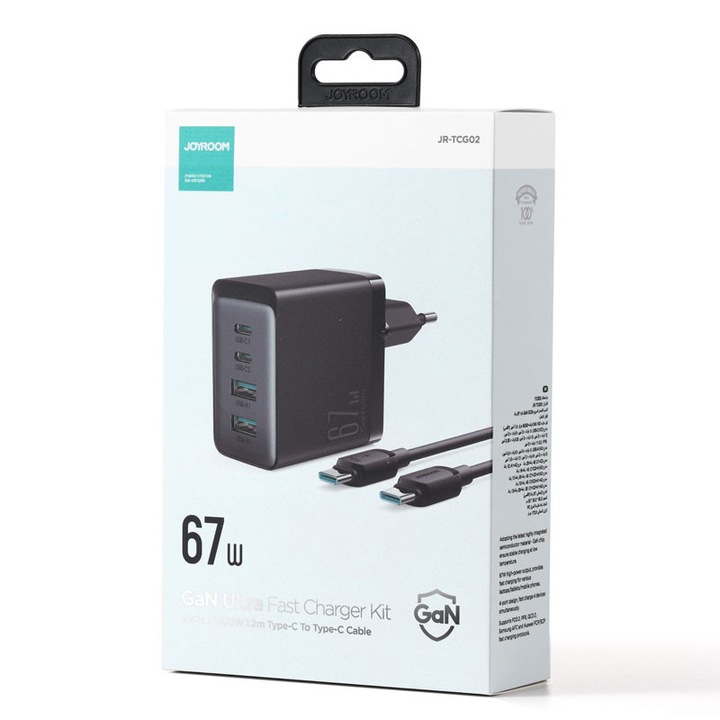 JoyRoom TCG02 hálózati töltő - 2 x Type-C, 2 x USB, 67 W gyorstöltés, Type-C és Type-C 100 W kábellel - fekete