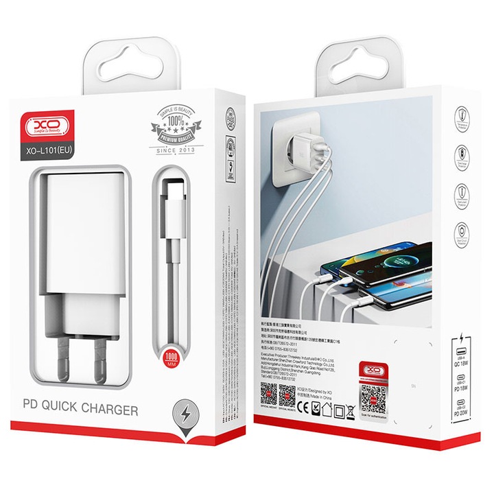 Hálózati töltő + USB-C kábel XO (L101), 20W, 2xUSB-C, 1xUSB-A, PD, QC 3.0, FEHÉR