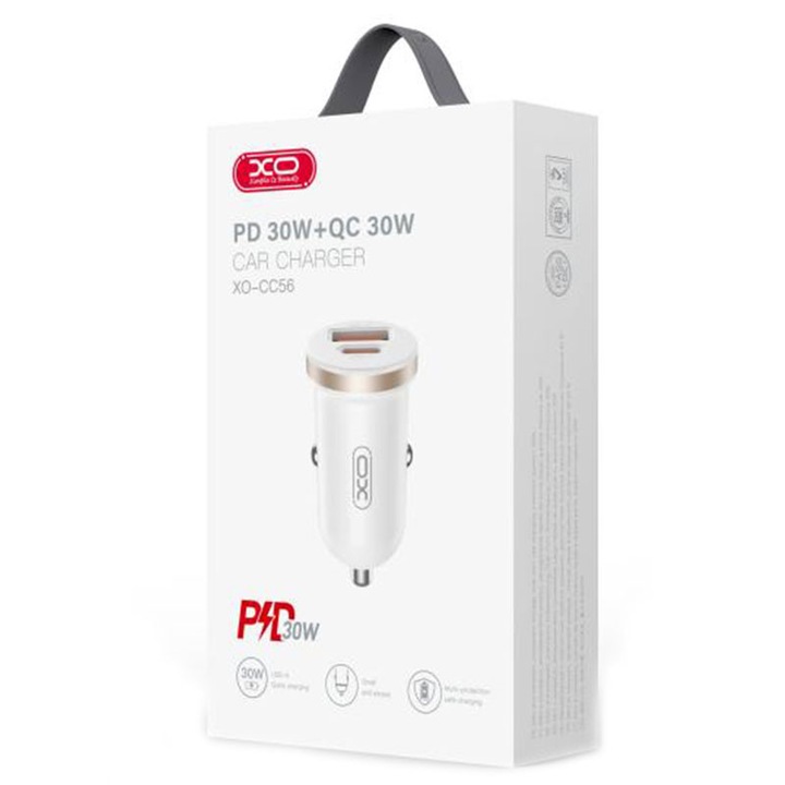 Incarcator Auto XO (CC56), 30W, 1xUSB-C, 1xUSB-A, PD, QC 3.0, Compact, White