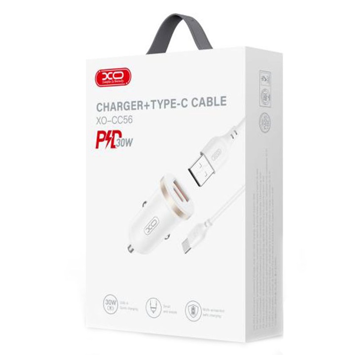 Incarcator Auto XO (CC56) + Cablu USB-C, 30W, 1xUSB-C, 1xUSB-A, PD, QC 3.0, Compact, White
