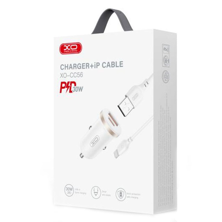 Încărcător auto XO CC56, 30W, 1xUSB-C, 1xUSB-A, alb