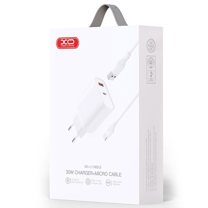 Încărcător rețea XO, 30W, 1xUSB-C, 1xUSB-A, alb