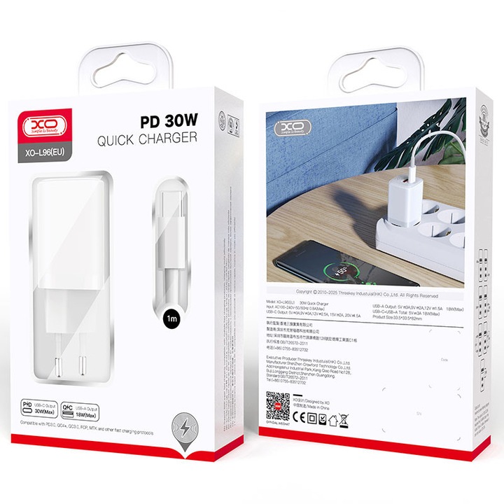 XO hálózati töltő adapter Type-C + USB bemenettel, Type-C - Type-C kábellel - 30W - XO L96 Quick Charger Suit PD.3.0, QC3.0 - fehér (TF-0205)