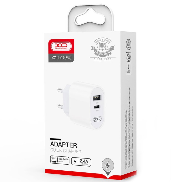 Incarcator Retea XO (L97), 2.4A, 1xUSB-C, 1xUSB-A, PD, QC 3.0, White