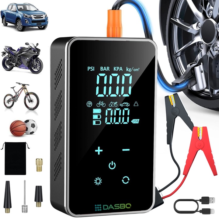 Starter auto portabil cu Compressor Multifunctional 4 in 1, Wireless cu Baterie 10000mAh, pentru motor Benzina sau Diesel, Pompa Anvelope Dasbo® 150 PSI, Starter Baterie, Power Bank, Lanterna LED, Ecran Tactil, Portabil, Clesti inteligenti inclusi
