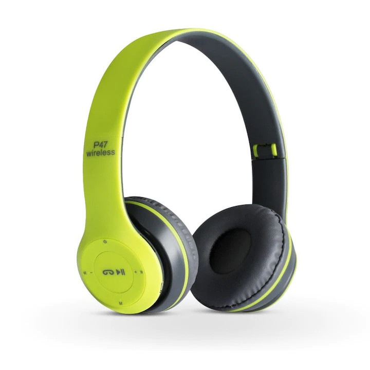 Vezeték nélküli Bluetooth P47 Plus fejhallgató mikrofonnal és rádióval, zöld, erőteljes basszussal