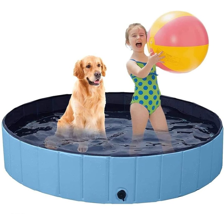 Универсален сгъваем басейн за деца/кучета - Zoofari, издръжлив, ергономичен дизайн, дренажен клапан, MDF стени, неплъзгащ се, устойчив на UV лъчи, може да се пълни с пясък, топки, Ø 120 x H 30 см, син/сив