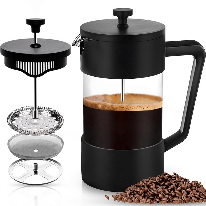 Presa Franceza pentru Cafea, 1000 ML, Sticla Borosilicata Rezistenta Caldura, Otel Inoxidabil 304, Fara BPA, Maner moale antiderapant, pentru aparate de ceai si cafea, acasa, calatorii, camping, Negru