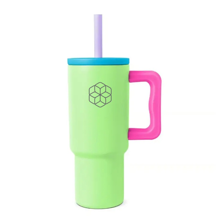 Термос чаша от неръждаема стомана с херметически затворен капак и сламка, Ivosa, светлозелено