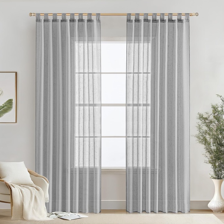 Set 2 Perdele MIULEE, transparente, prindere cu Bride, 140 x 245 cm, Gri Deschis