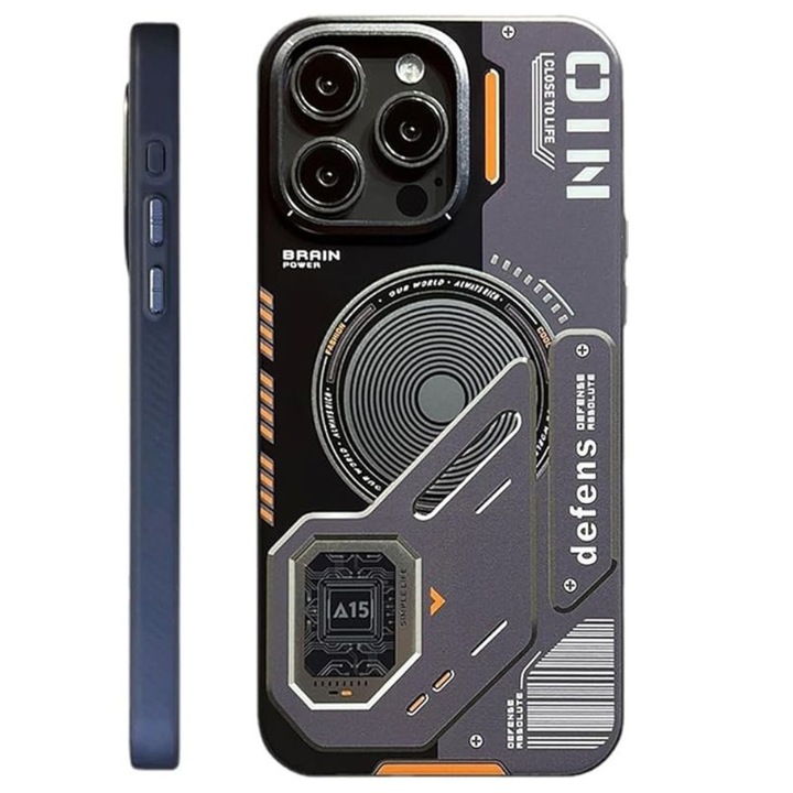 Кейс за телефон в стил киберпънк / научна фантастика, G-Tech, съвместим с Apple iPhone 16 Pro, графични елементи и текст, съвместим с Magsafe, черен