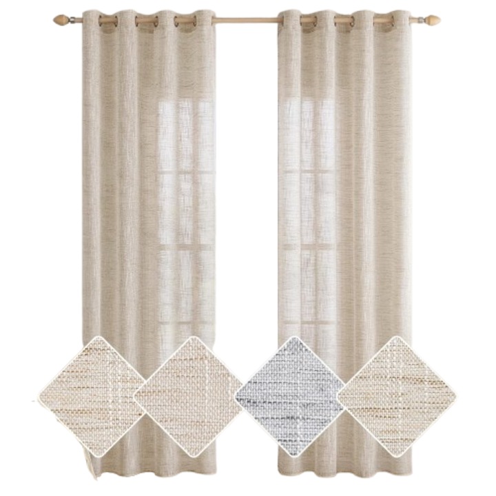 2 darabos függöny szett Miulee, 140 x 200 cm, karikákkal, vászon textúra, natúr szín