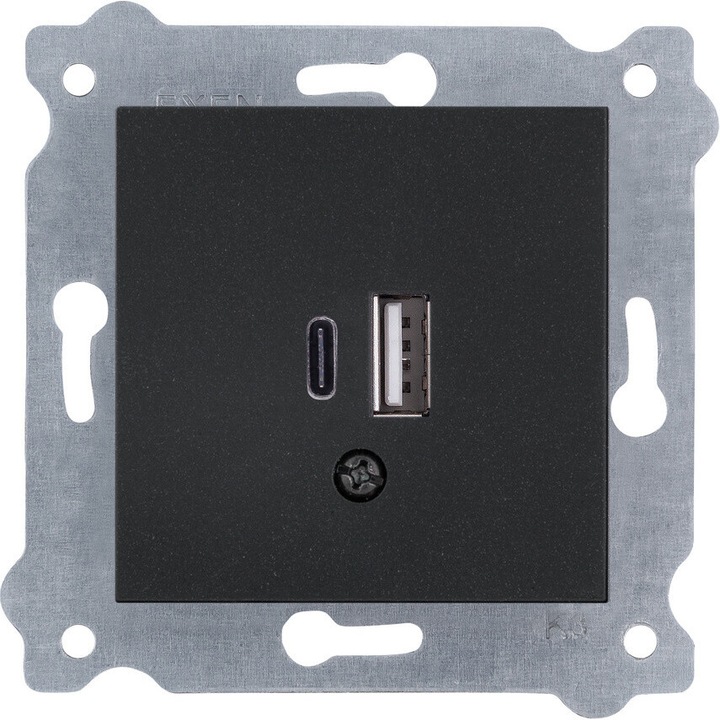 Priza dubla de incarcare USB Tip C + Tip A, negru metalizat 277/14E EXEN