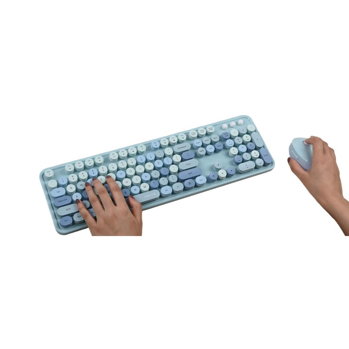Set tastatura si mouse wireless, Cimetech, design ultra-subtire, 2.4G, albastru/alb
