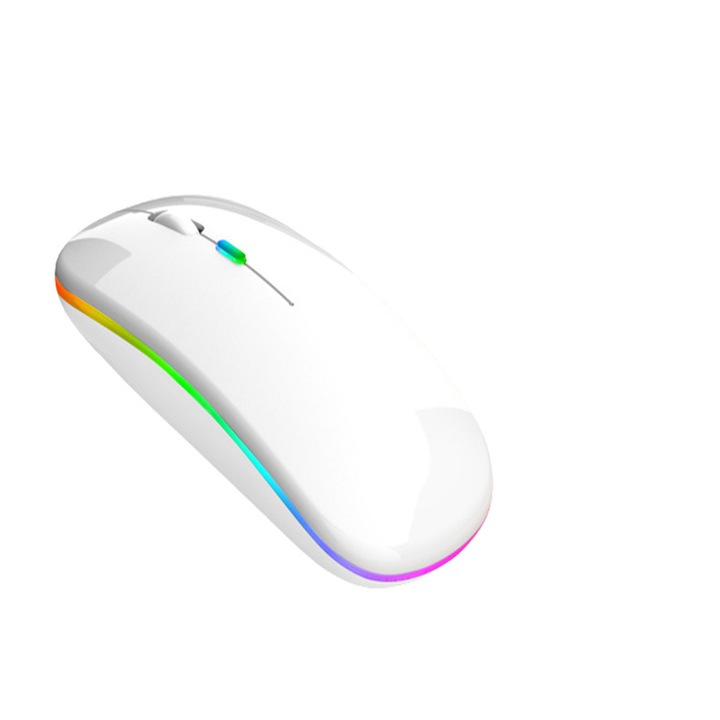 Безжична мишка 0807BM-BST4044845, двурежимен 2.4G (USB приемник) + Bluetooth, безшумни кликове, презареждаема, RGB осветление, DPI 800/1200/1600, бяла