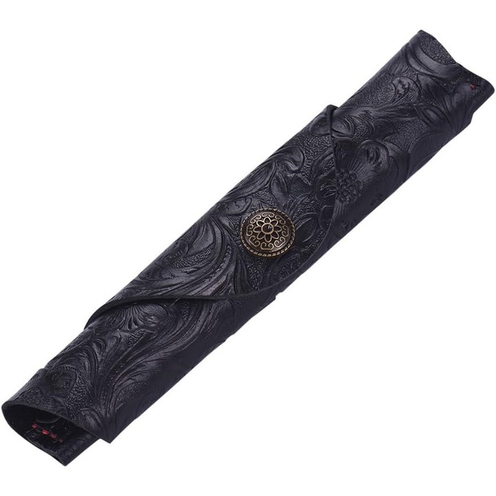Husa vintage din piele lucrata manual pentru stilou, husa pentru stilou, husa pentru stilou din piele de vaca, tip rola, cu invelis (negru sculptat)