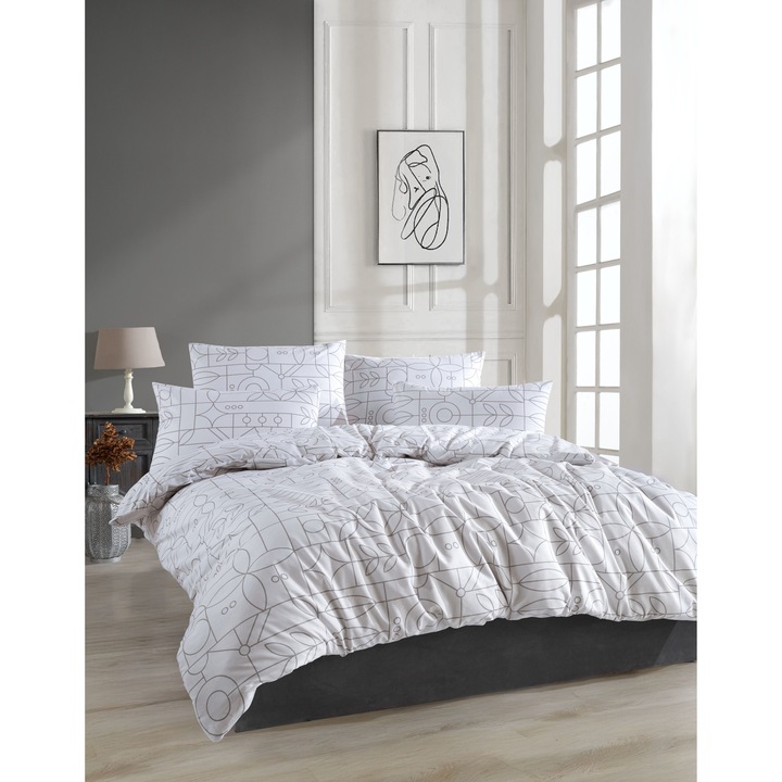 Lenjerie de pat dublu, Story Home, 100% bumbac ranforce, 144 TC, 4 piese(cearsaf de pilota 200x220cm, cearsaf pat 240x260 cm, 2 fete de perna 50x70cm), Kane