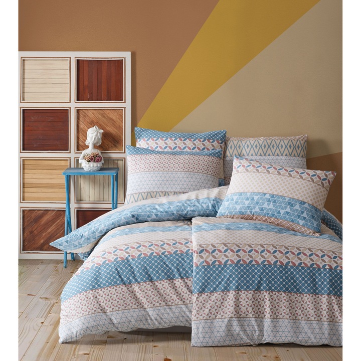 Lenjerie de pat dublu, Story Home, 100% bumbac ranforce, 144 TC, 4 piese(cearsaf de pilota 200x220cm, cearsaf pat 240x260 cm, 2 fete de perna 50x70cm), Glenn Blue