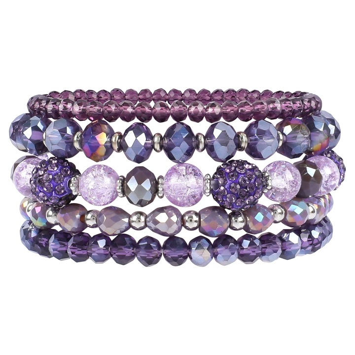 Set de bratari elastice cu cristale TREXORA, 5 piese, stil boho, violet, One-Size