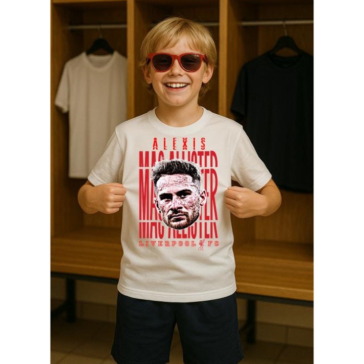 Tricou Copii Personalizat cu Alexis Mac Allister-Liverpool FC, din bumbac 100%, Cri-Flo, Alb, Varsta 3-4 ani, Marime 110 CM