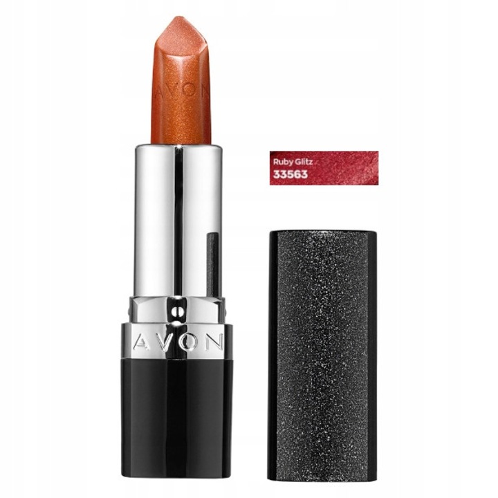 Червило Avon Ultralsniaca Ruby Glitz, наситен цвят, с масло от авокадо, 4 г