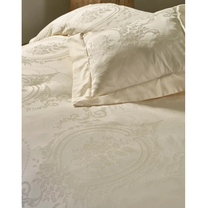 Set lenjerie de pat matrimonial premium Valeron, Juliette, 7 piese, 200x220 cm, material 100% bumbac egiptean, densitate 675 TC, imprimeu uni, crem