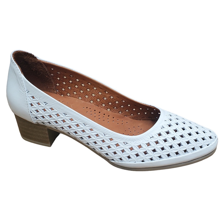Pantofi Dama Albi din Piele Naturala Decupata, Toc Masiv 4cm din Poliuretan si Cauciuc, Interior Captusit cu Piele – Confort si Eleganta in Stil Aerisit, Alb