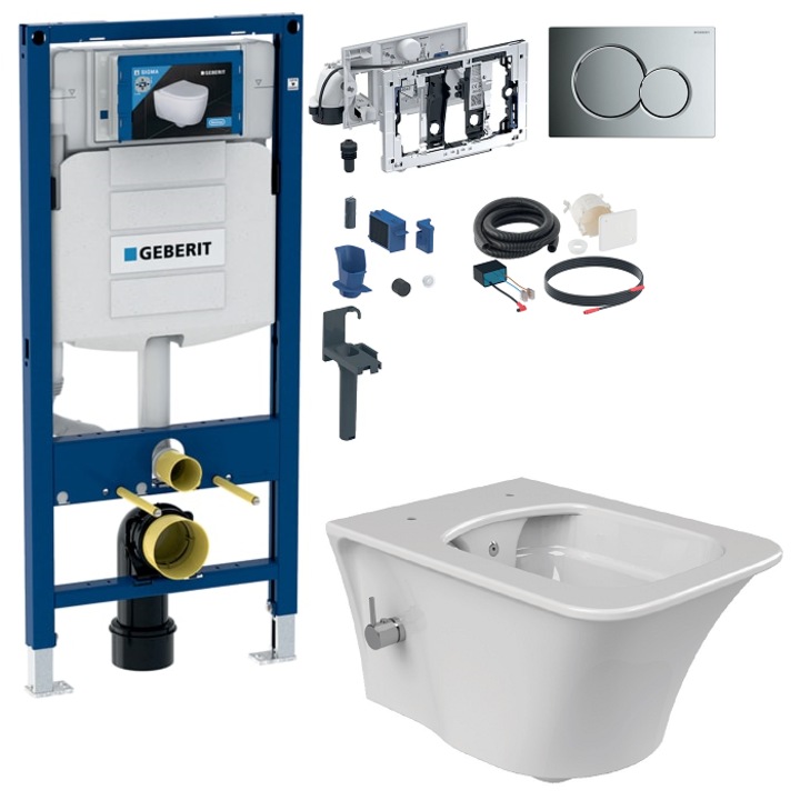 Set toaleta cu bideu, baterie actionare apa calda si apa rece extractor de miros, lumina ambientala, bluetooth, Cerastyle Ibiza rimless, Geberit Sigma, capacitate 9 L, capac soft and slim, clapeta crom