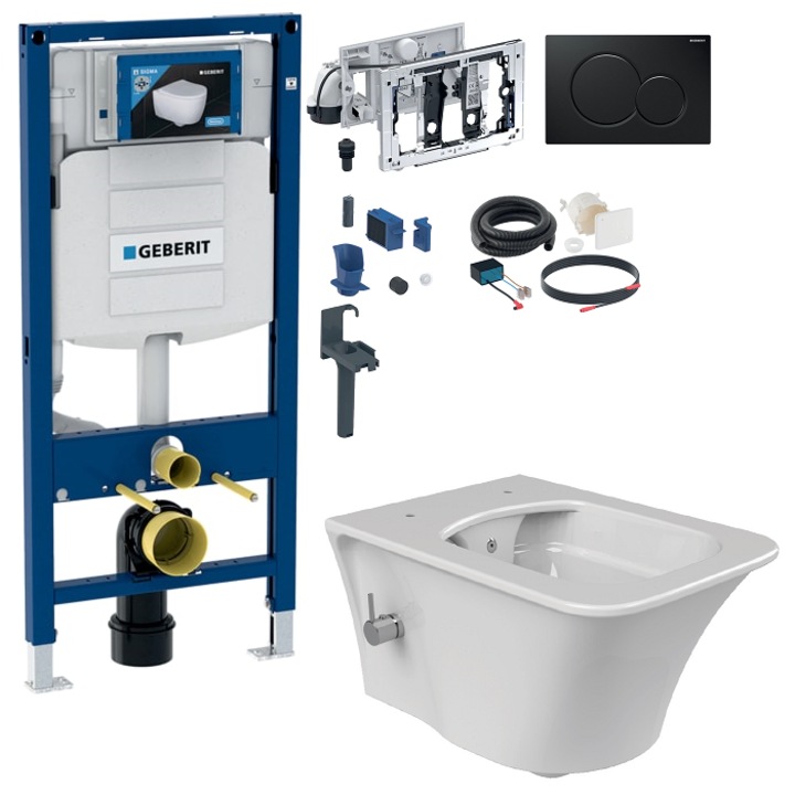 Set toaleta cu bideu, baterie actionare apa calda si apa rece extractor de miros, lumina ambientala, bluetooth, Cerastyle Ibiza rimless, Geberit Sigma, capacitate 9 L, capac soft and slim, clapeta neagra