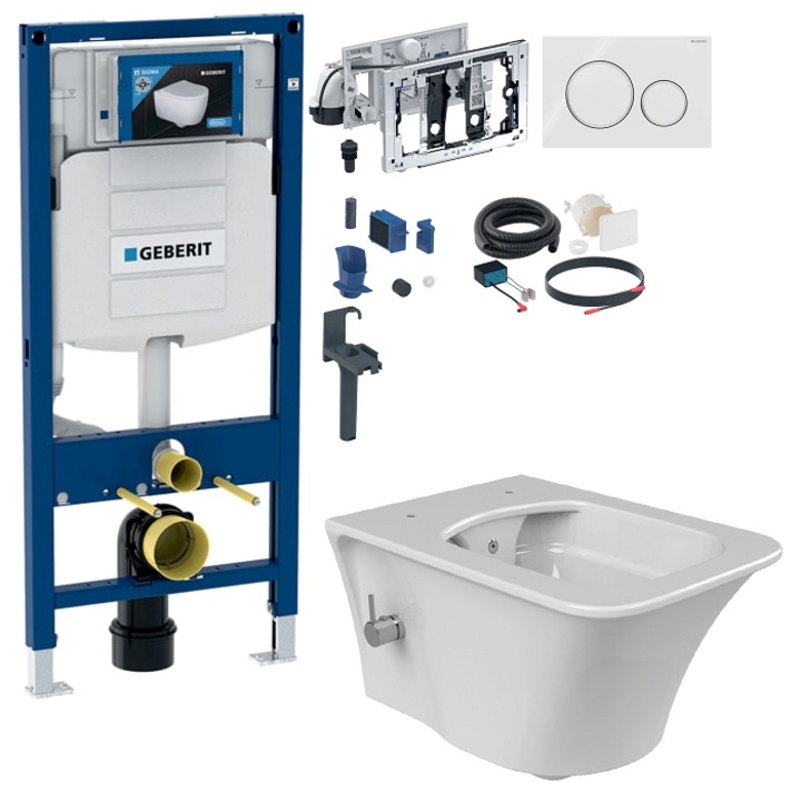Set toaleta cu bideu, baterie actionare apa calda si apa rece extractor de miros, lumina ambientala, bluetooth, Cerastyle Ibiza rimless, Geberit Sigma, capacitate 9 L, capac soft and slim, clapeta alba + contur crom