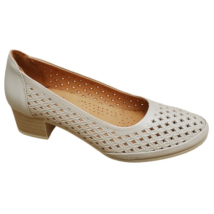 Pantofi Dama Albi din Piele Naturala Decupata, Toc Masiv 4cm din Poliuretan si Cauciuc, Interior Captusit cu Piele – Confort si Eleganta in Stil Aerisit, Bej