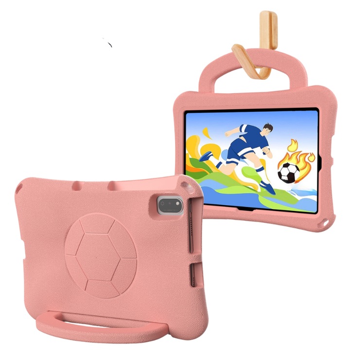 Husa tableta compatibila cu Samsung Galaxy Tab S6 Lite, carcasa in forma de fotbal cu maner, material EVA rezistent la socuri, roz deschis