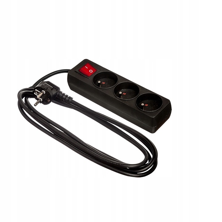 Удължителен кабел с 3 гнезда, 1.5 м, с ключ, черен