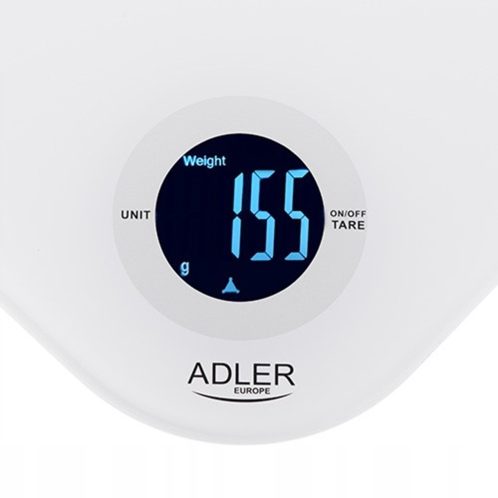 Cantar de bucatarie ADLER AD 3180, capacitate 10 kg, precizie 1 g, afisaj LCD, platforma din sticla calita 218x218 mm, functie tarare, masurare volum apa si lapte (ml, cup), baterii incluse 2x1.5V (AAA), Alb, 1 buc