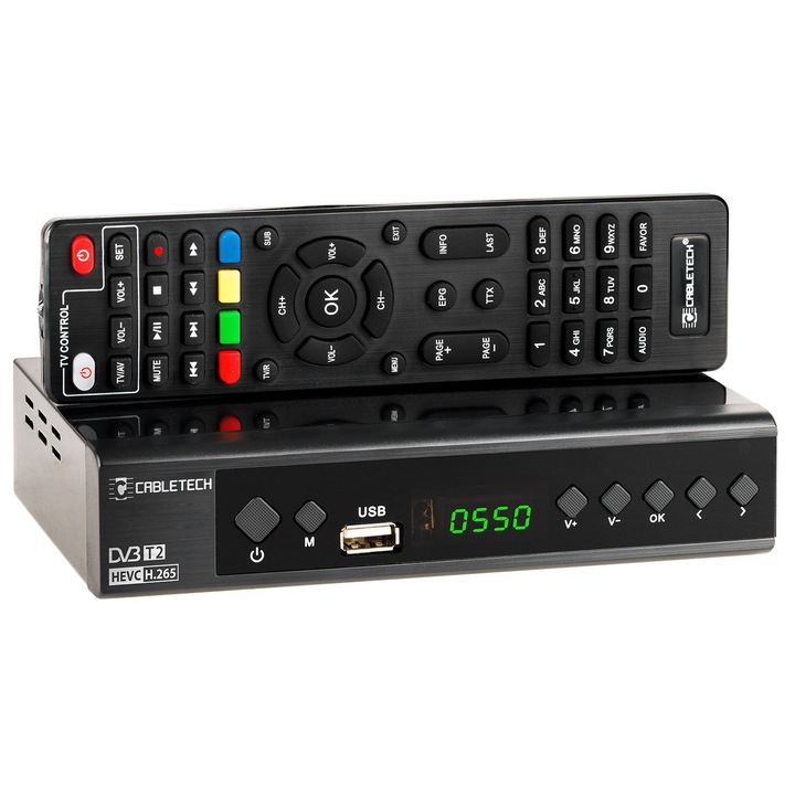 Tuner digital TV, CardSplitter, DVB-T2, 7 butoane, HDMI, USB, 168x108x36mm, cu telecomanda si instructiuni PL