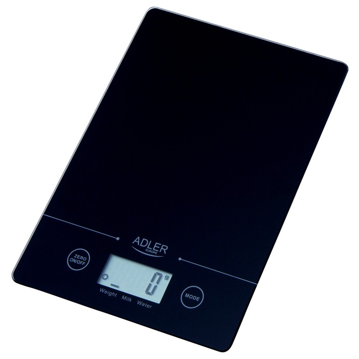 ADLER AD 3138 konyhai mérleg, 5 kg kapacitás, 1 g pontosság, 14x20 cm felület, nagy LCD kijelző, víz és tej térfogat számítása, elemes tápellátás, fekete