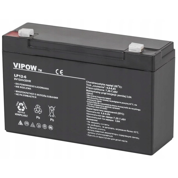 Acumulator UPS Vipow, gel, 6V, 12Ah, fara intretinere, dimensiuni 150x50x94mm