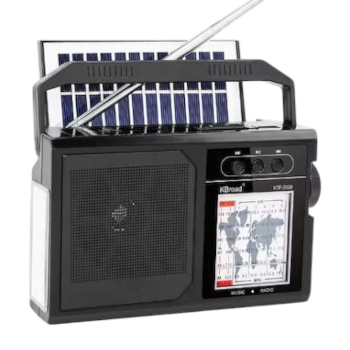 Radio FM portabil cu panou solar, USB, micro SD, Bluetooth, Negru